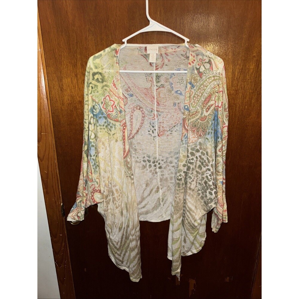 Chico’s 3 Womens Cream White Paisley Floral Open Front Cardigan Size Large